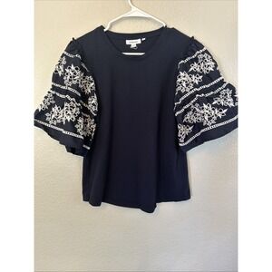 Chicos Size 0 navy blouse top embroidered eyelet tiered sleeves cotton boho